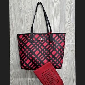 Coach (NWOT) Reversible City Tote in Wild Plaid/Red w/ Red Pouch